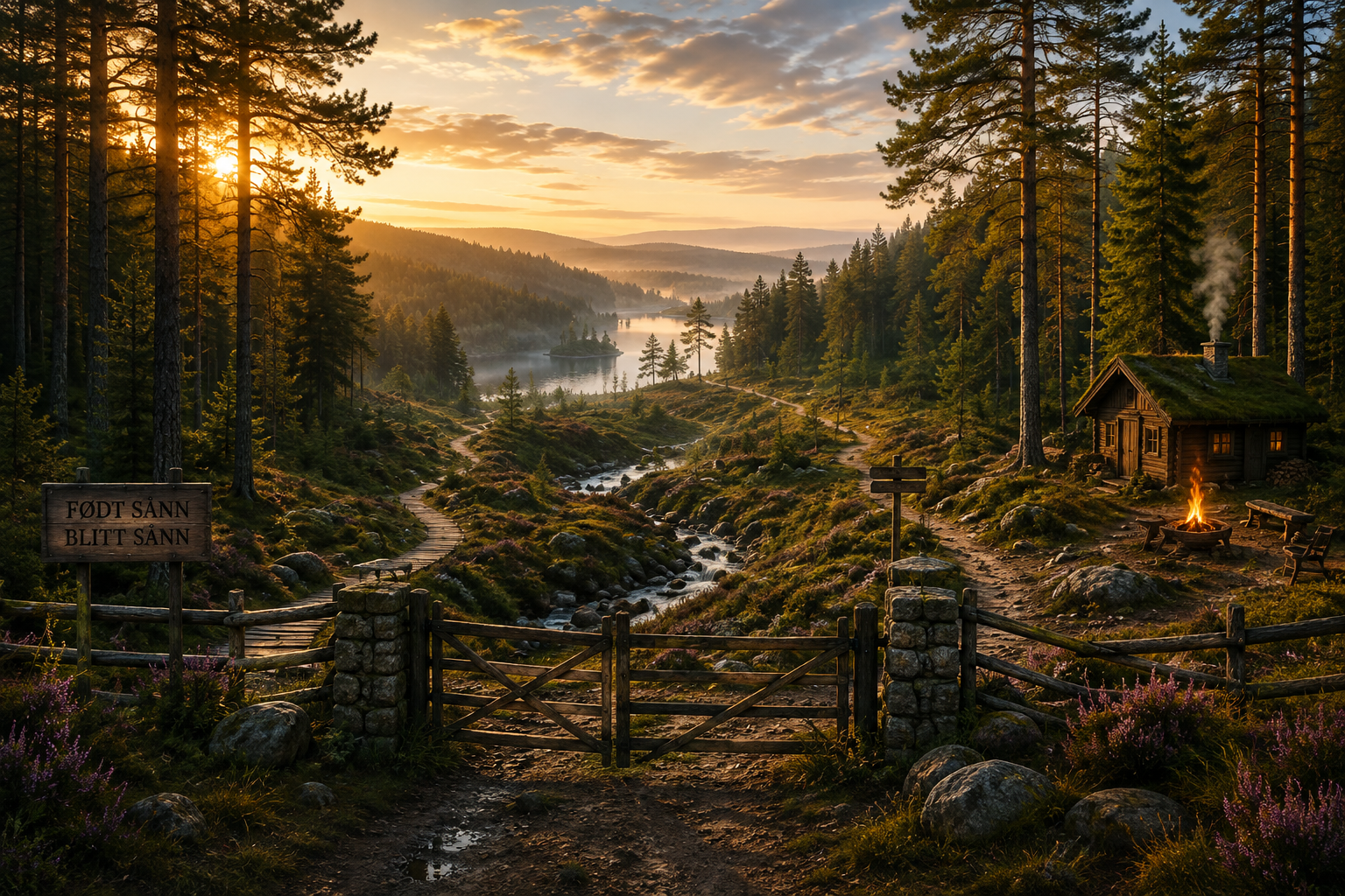 Innlandsnatur med skog, sti og port